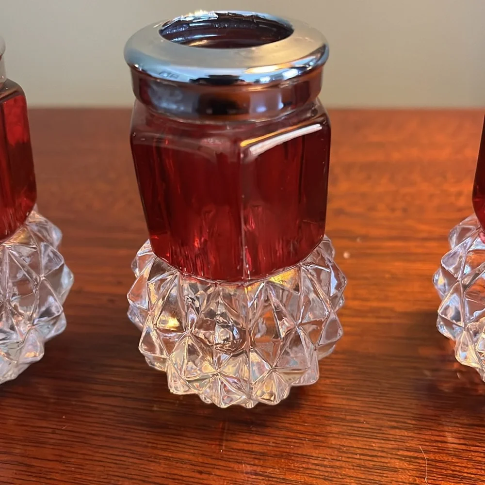 Set of 3 Vintage Ruby Red 3” Painted Crystal Glass Taper Candle Stick Holders